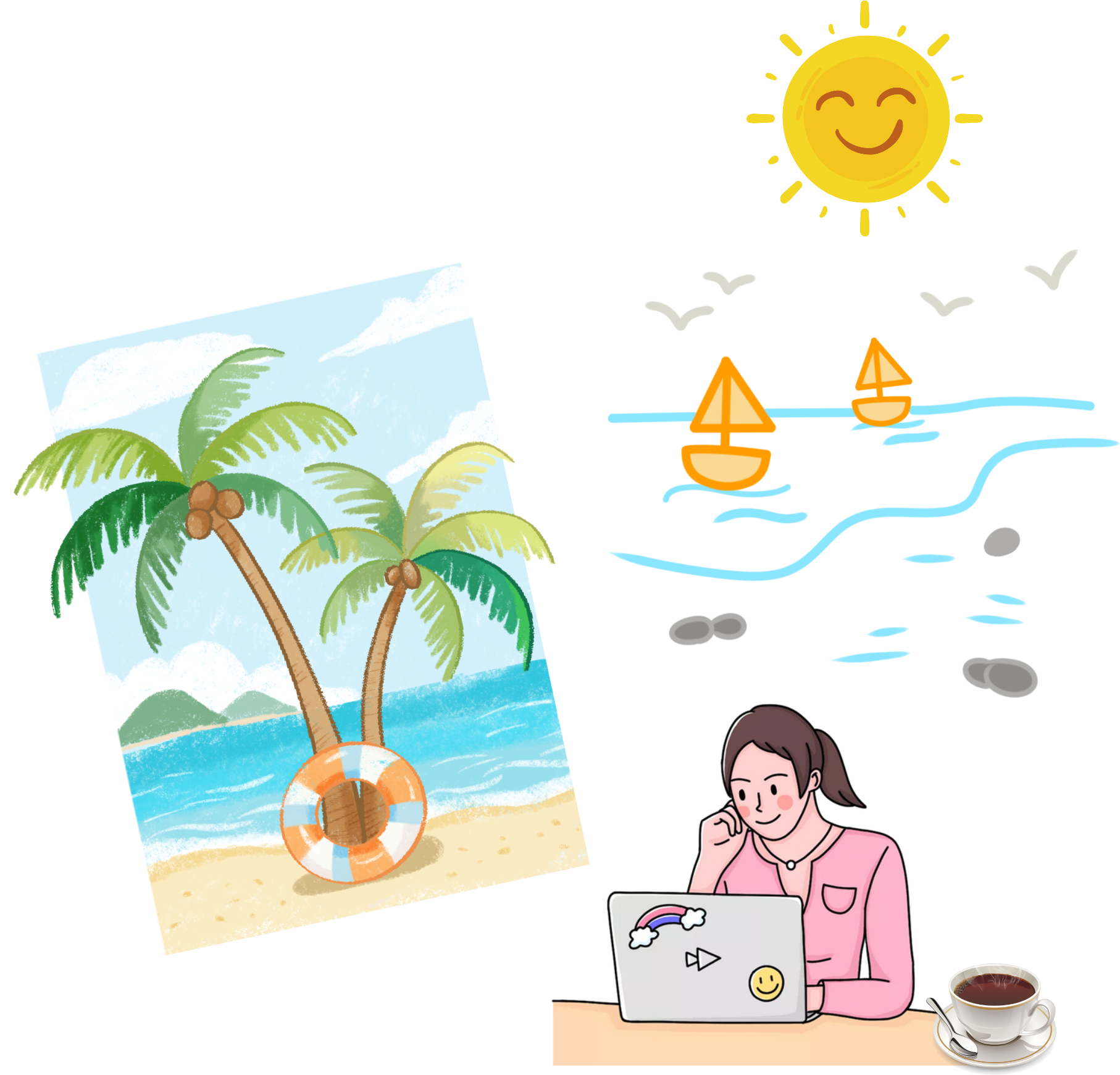 A two-panel illustration: the top shows a smiling woman working by a blue sea under a sun; the bottom shows an exhausted woman slumped over a desk next to a group of colleagues.
