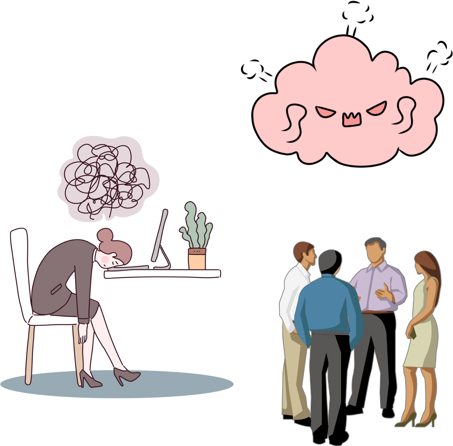 A two-panel illustration: the top shows a smiling woman working by a blue sea under a sun; the bottom shows an exhausted woman slumped over a desk next to a group of colleagues.
